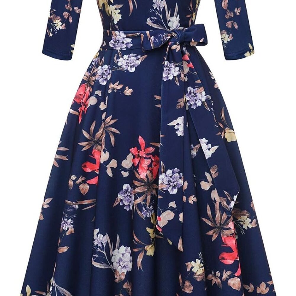 Cocktail Dress Women's Vintage Wedding Guest 3/4 Sleeves Formal Church Navy